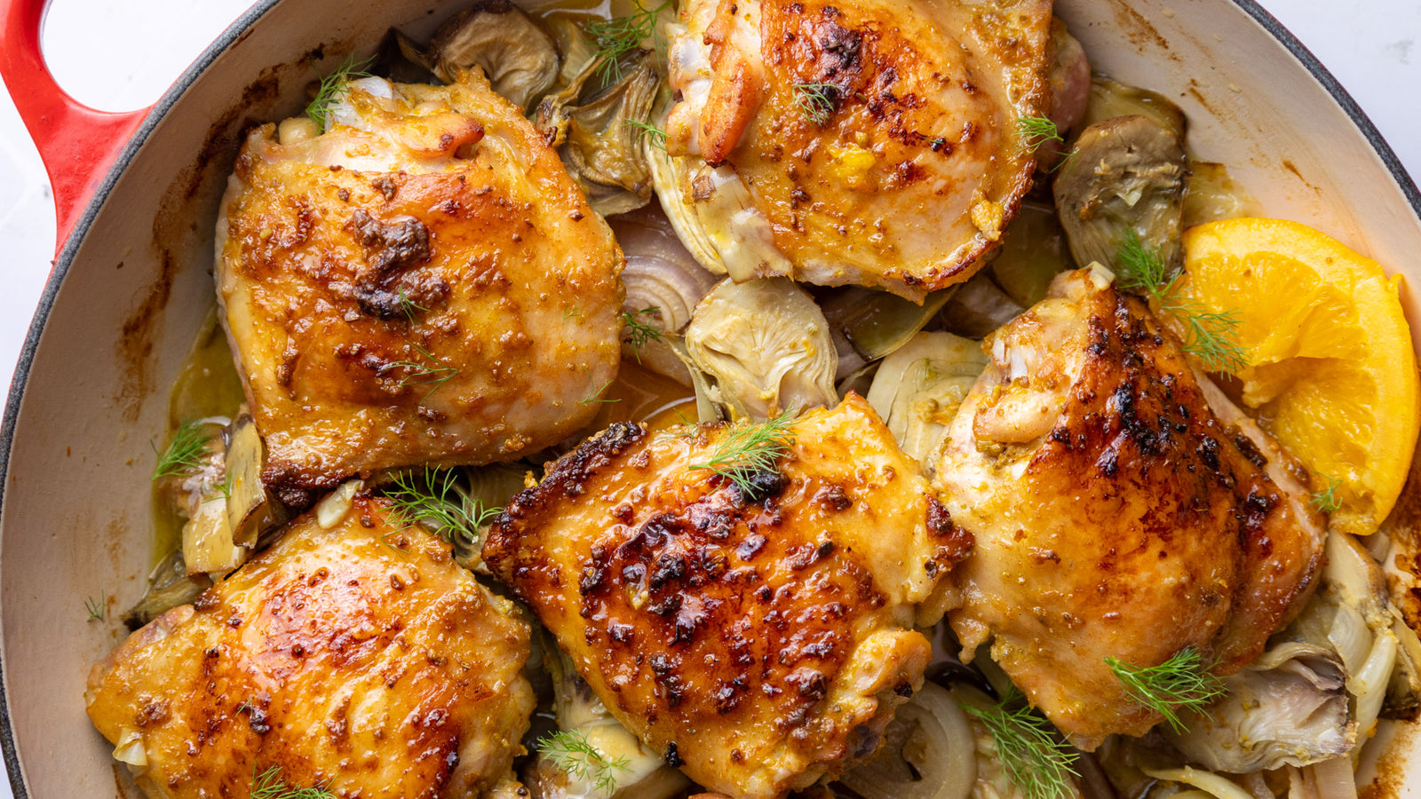 Roasted Orange Chicken Thighs with Artichoke and Fennel