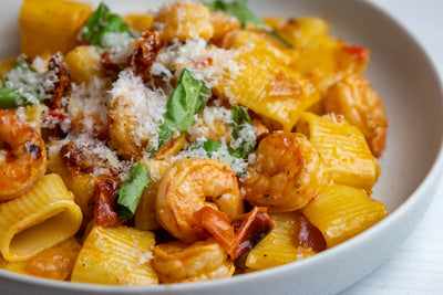 Pasta with Spicy Calabrian Shrimp, Credit: Elizabeth Newman