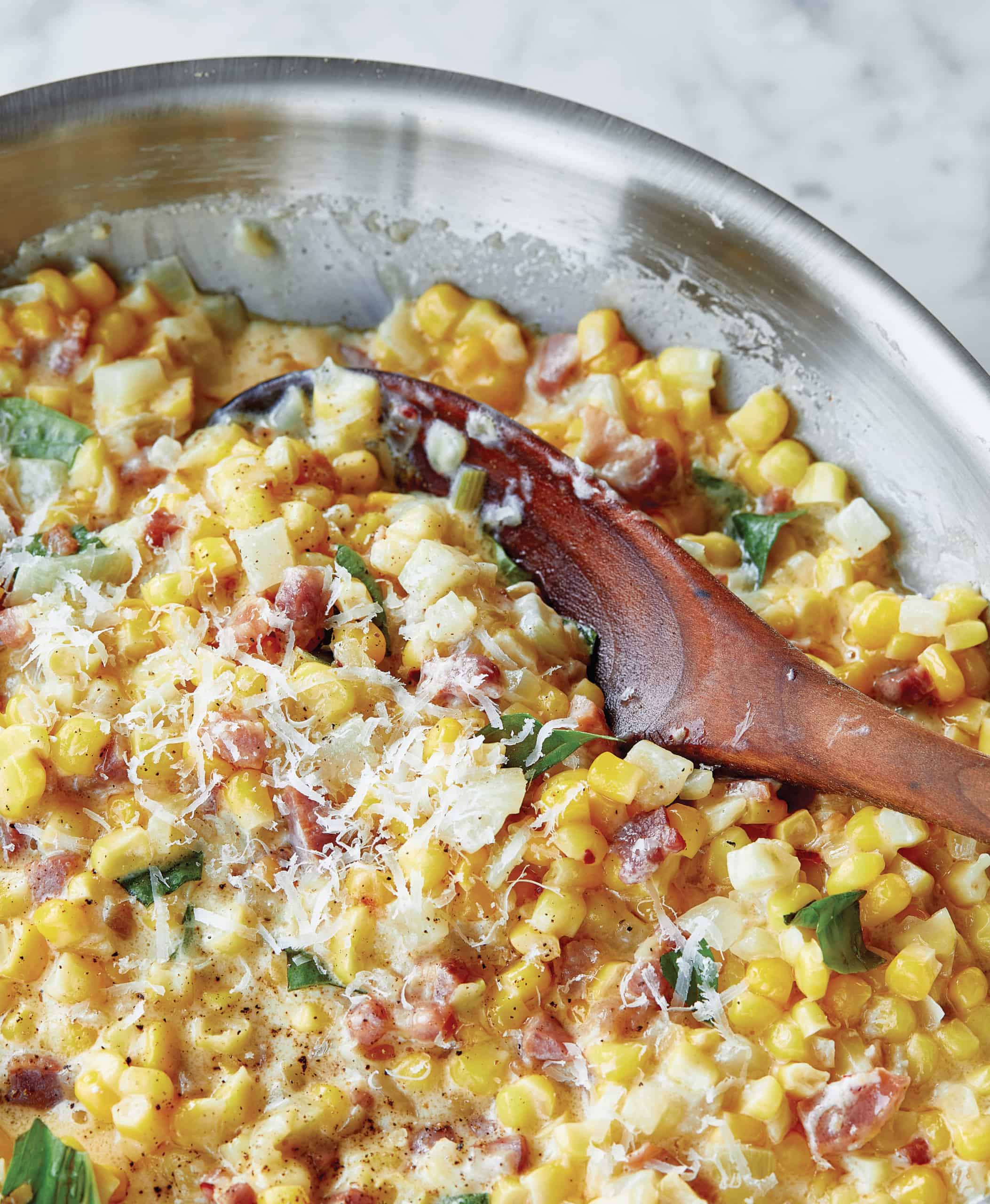 Creamy Sweet Corn With Pancetta, Credit: Aubrie Pick