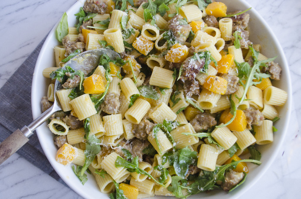 Mezzi Rigatoni with Butternut Squash and Spicy Sausage, Credit: Elizabeth Newman