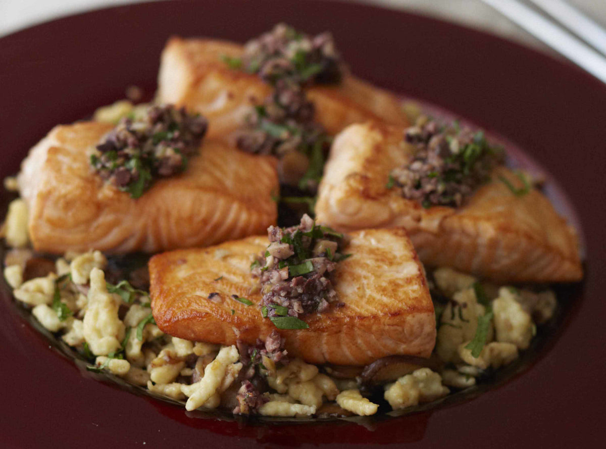 Pan-Roasted Salmon with Herb Gnocchetti and Olive Vinaigrette, Credit: Lauren Volo