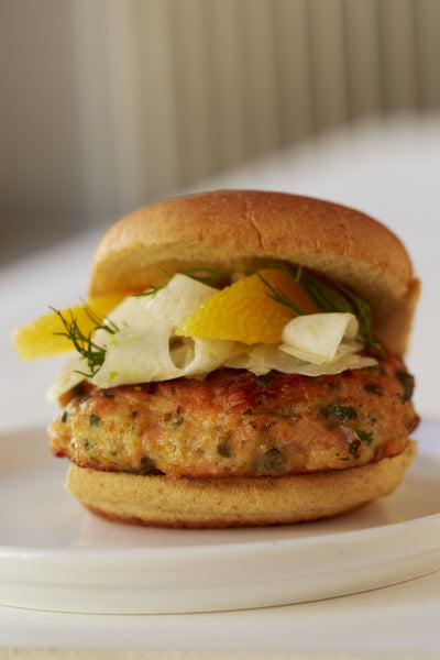 Pan-Seared Salmon Burgers with Fennel Slaw