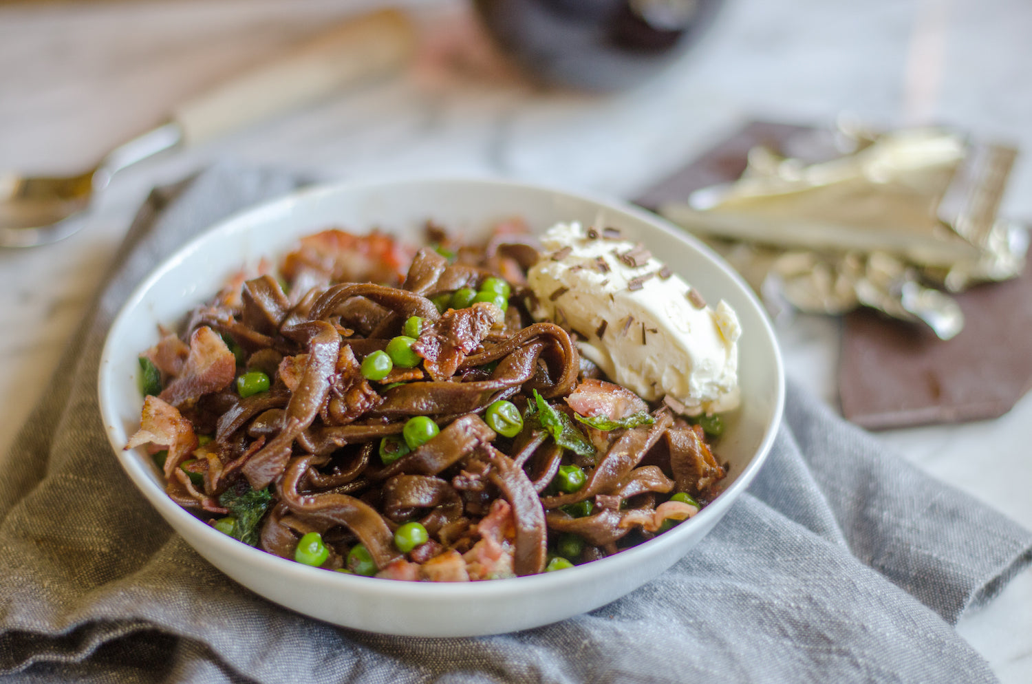 Chocolate Fettuccine with Pancetta, Credit: Elizabeth Newman