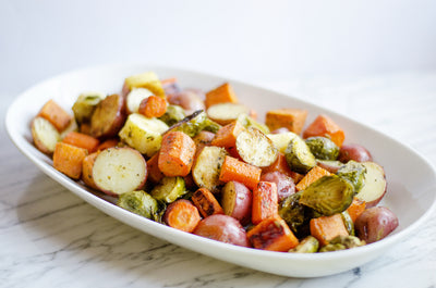 Roasted Potatoes, Carrots, Parsnips and Brussels Sprouts, Credit: Elizabeth Newman