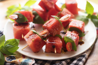 Watermelon, Tomato, and Basil Skewers, Credit: Elizabeth Newman