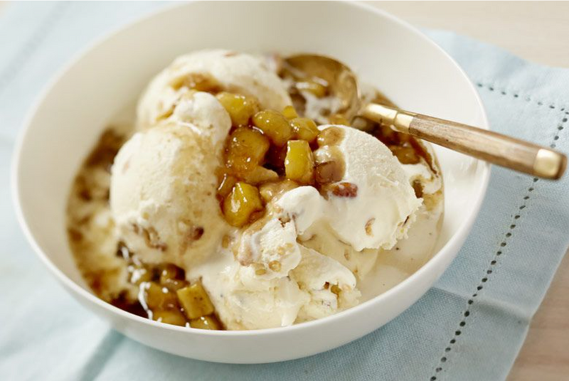 Pine Nut Ice Cream with Banana Caramel Sauce, Credit: Lauren Volo