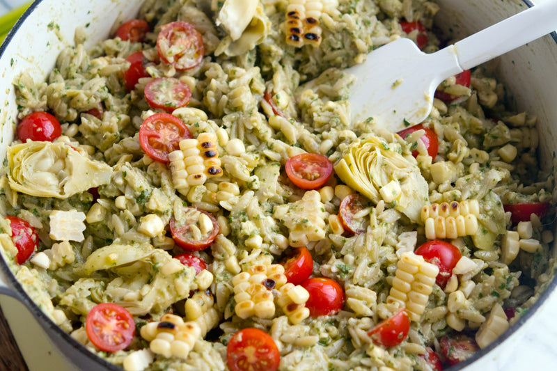 Orzo with Artichoke Pesto & Grilled Corn, Credit: Elizabeth Newman