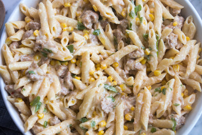 Penne with Corn and Spicy Sausage, Credit: Elizabeth Newman
