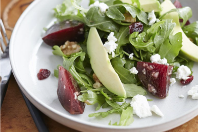 Roasted Beet and Arugula Salad with Goat Cheese and Avocado