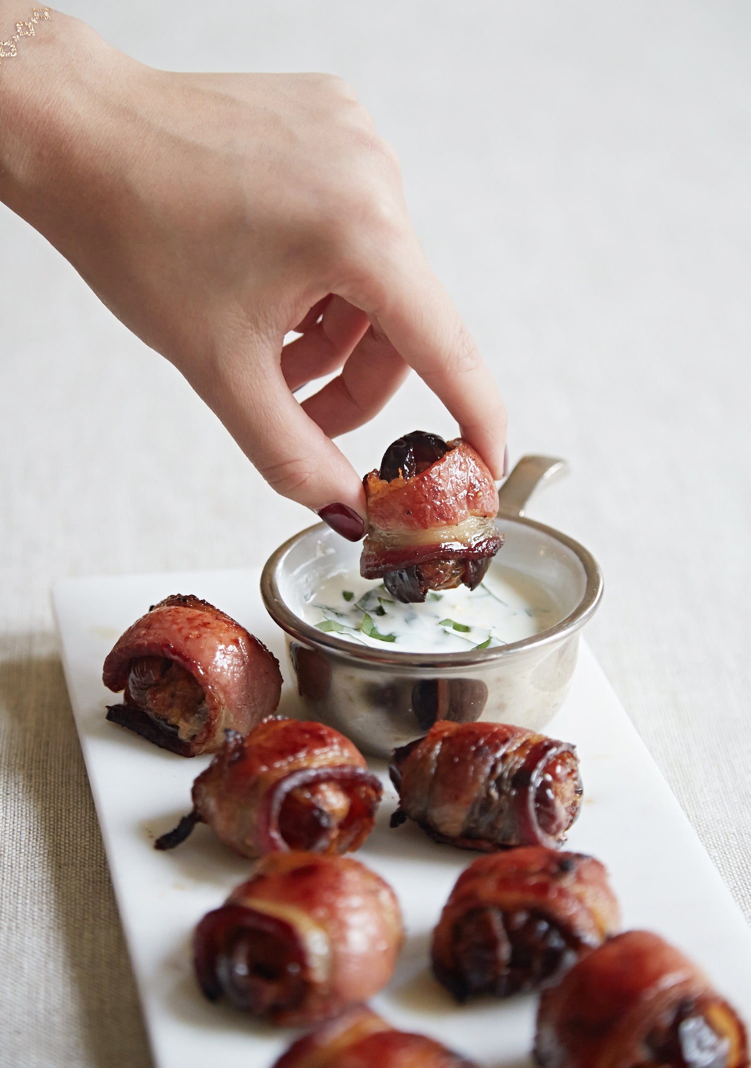 Hot Italian Sausage-Stuffed Dates with Lemon-Basil Crema