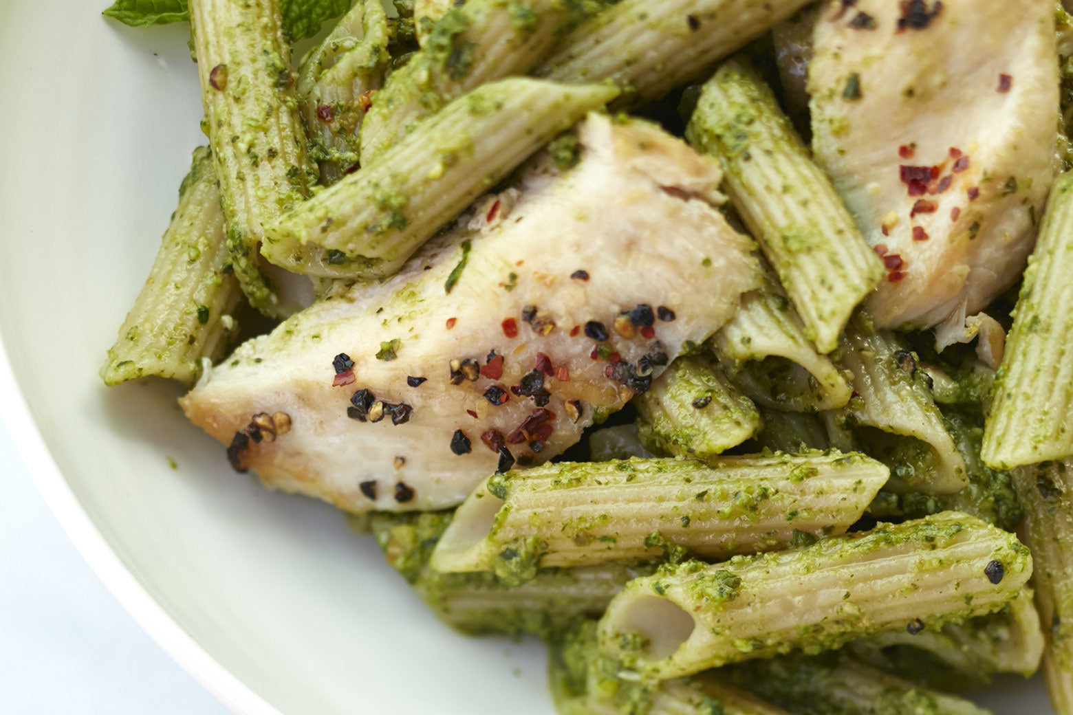 Gluten-Free Penne with Lemon-Cumin Chicken and Pesto