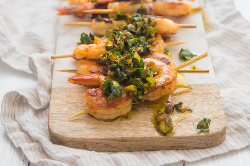 Orange Grilled Shrimp with Cocoa Nib Gremolata, Credit: Elizabeth Newman