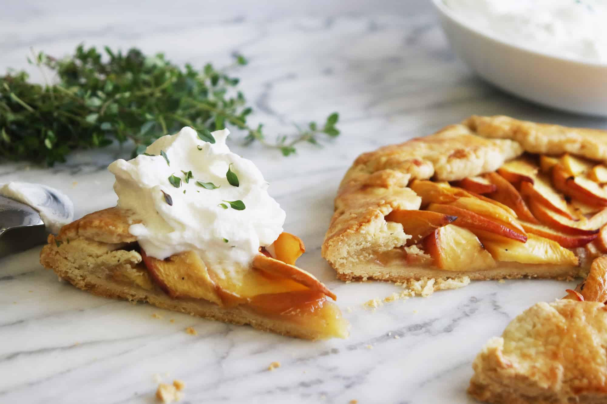 Grilled Peach Crostata with Thyme Whipped Cream, Credit: Elizabeth Newman