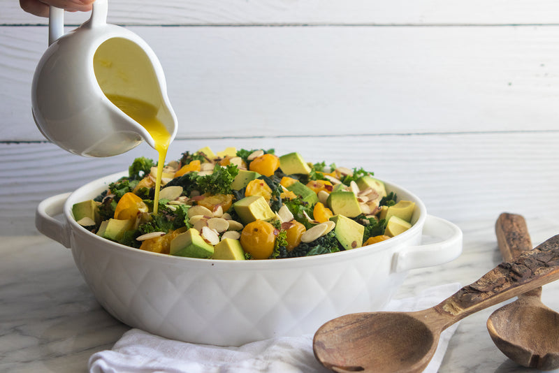 Grilled Kale Salad with Roasted Sungolds and Avocado, Credit: Elizabeth Newman