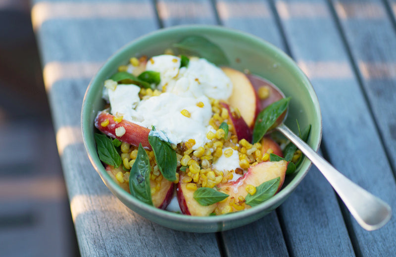 Burrata with Corn and Peaches