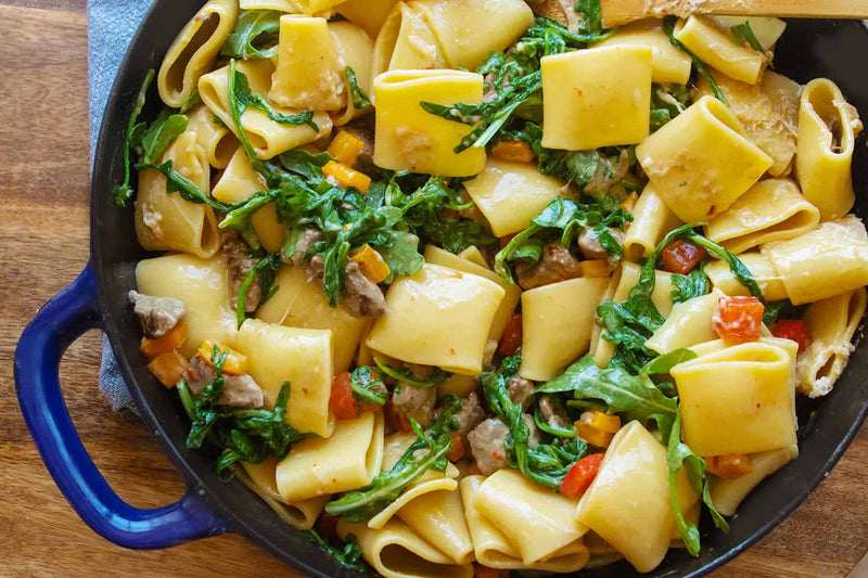 Paccheri with Steak and Peppers, Credit: Elizabeth Newman