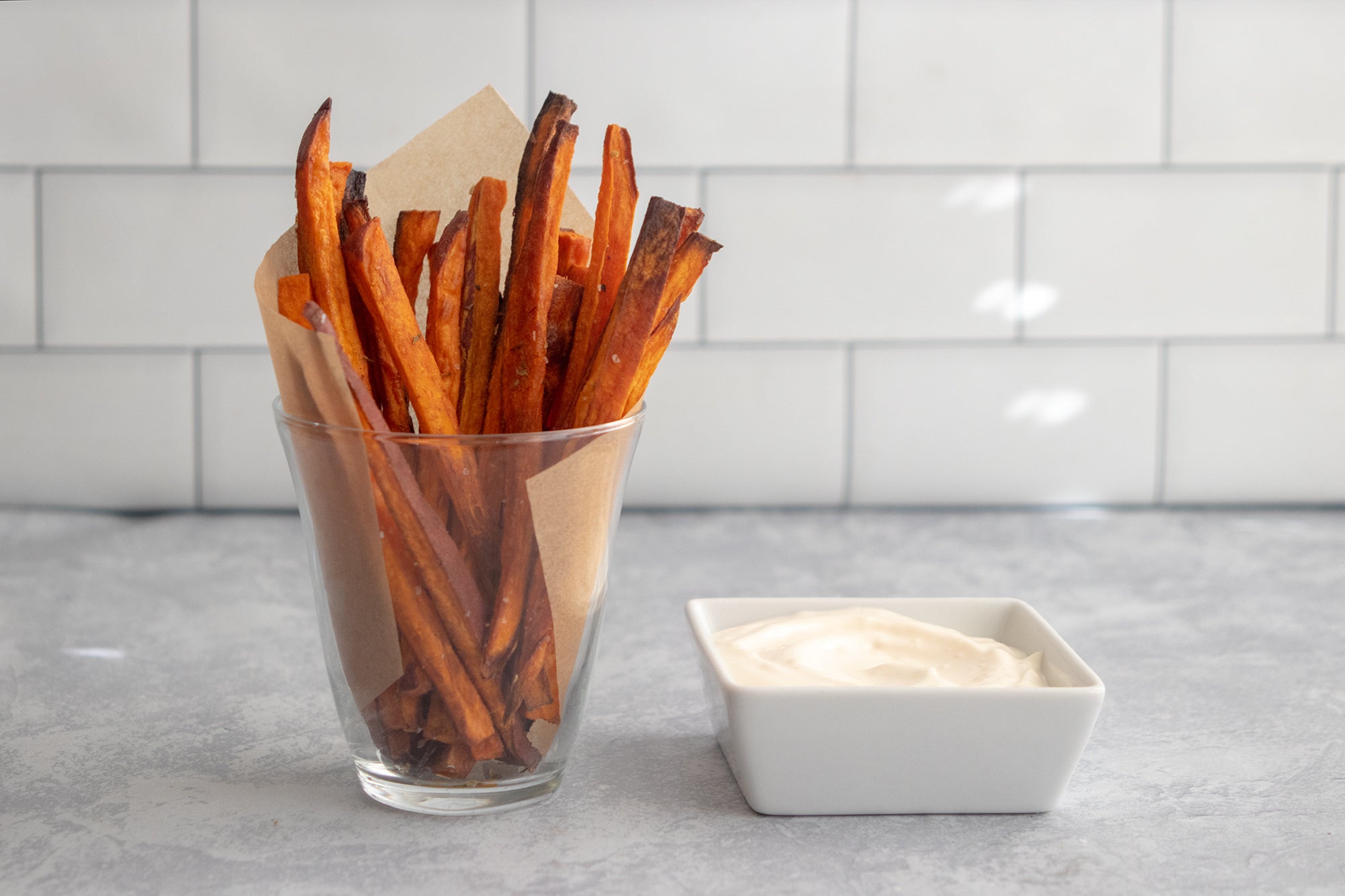 Sweet Potato Fries with Basil Salt and Garlic Mayonnaise, Credit: Elizabeth Newman