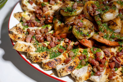 Grilled Chicken And Shrimp With Pancetta And Chimichurri