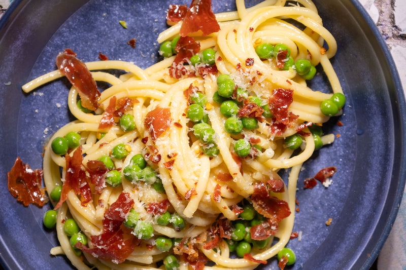 Aglio E Olio With Peas And Prosciutto