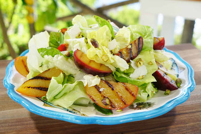 Grilled Plum and Pistachio Salad, Credit: Lindsey Galey