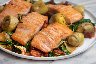 One-Pan Salmon with Artichokes and Sundried Tomatoes, Credit: Elizabeth Newman