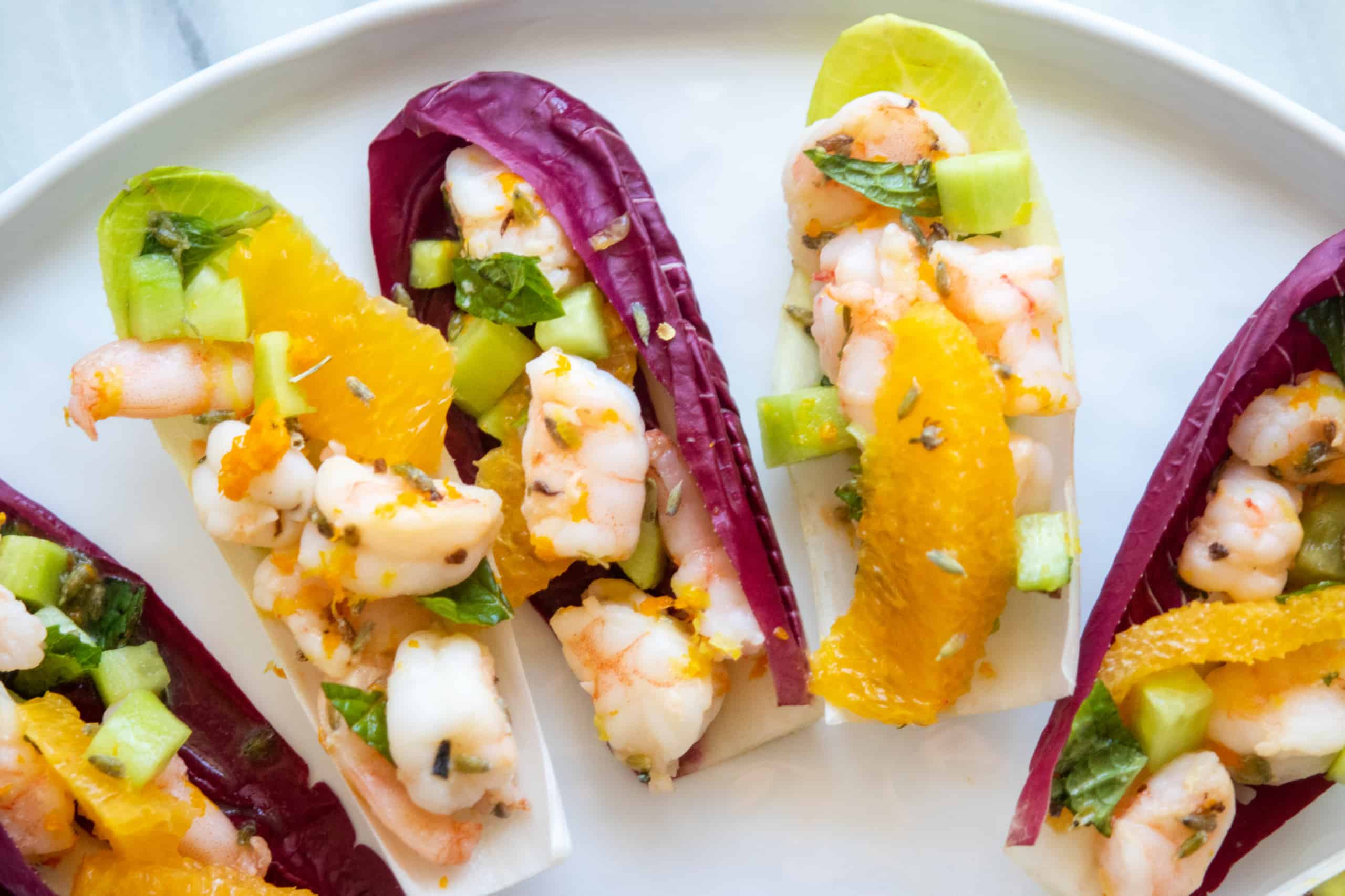 Shrimp and Citrus Endive Cups with Lavender, Credit: Elizabeth Newman