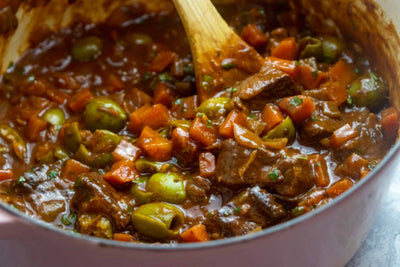 Lamb Stew with Red Wine and Olives, Credit: Elizabeth Newman