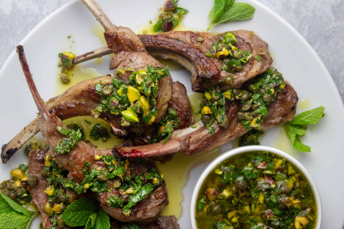 Lamb Chops with Mint Pistachio Salsa Verde, Credit: Elizabeth Newman