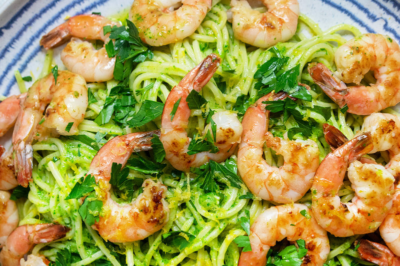 Arugula Pesto Pasta With Shrimp, Credit: Elizabeth Newman