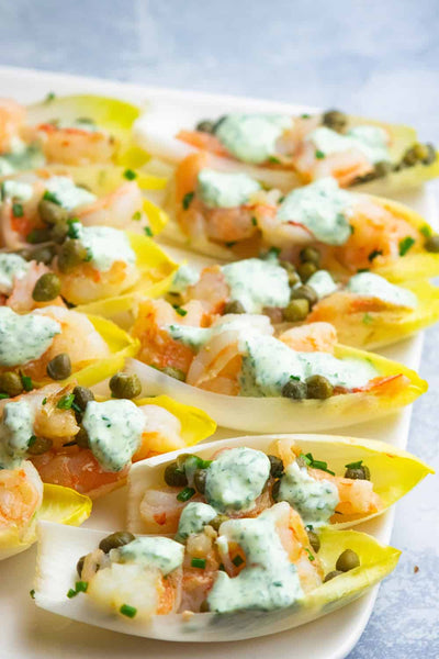 Seared Shrimp In Endive Cups With Creamy Parsley Sauce