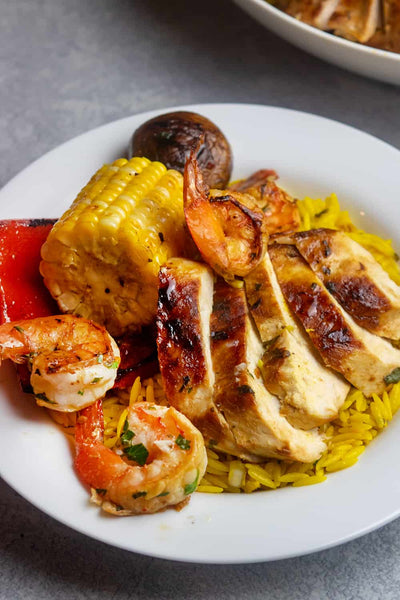 Saffron Orzo With Grilled Chicken And Shrimp, Credit: Elizabeth Newman