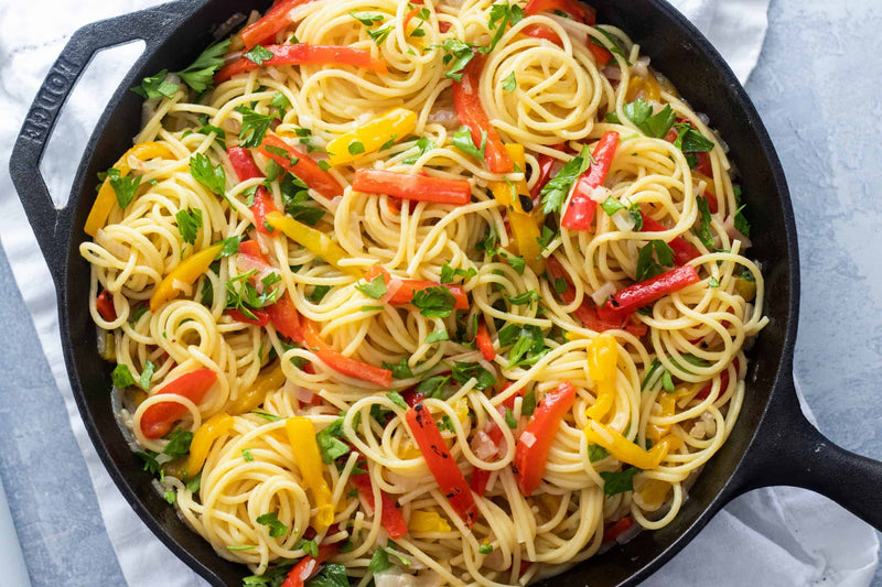 Spaghetti With Red And Yellow Peppers, Credit: Elizabeth Newman