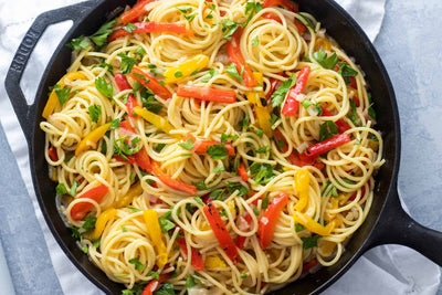 Spaghetti With Red And Yellow Peppers, Credit: Elizabeth Newman
