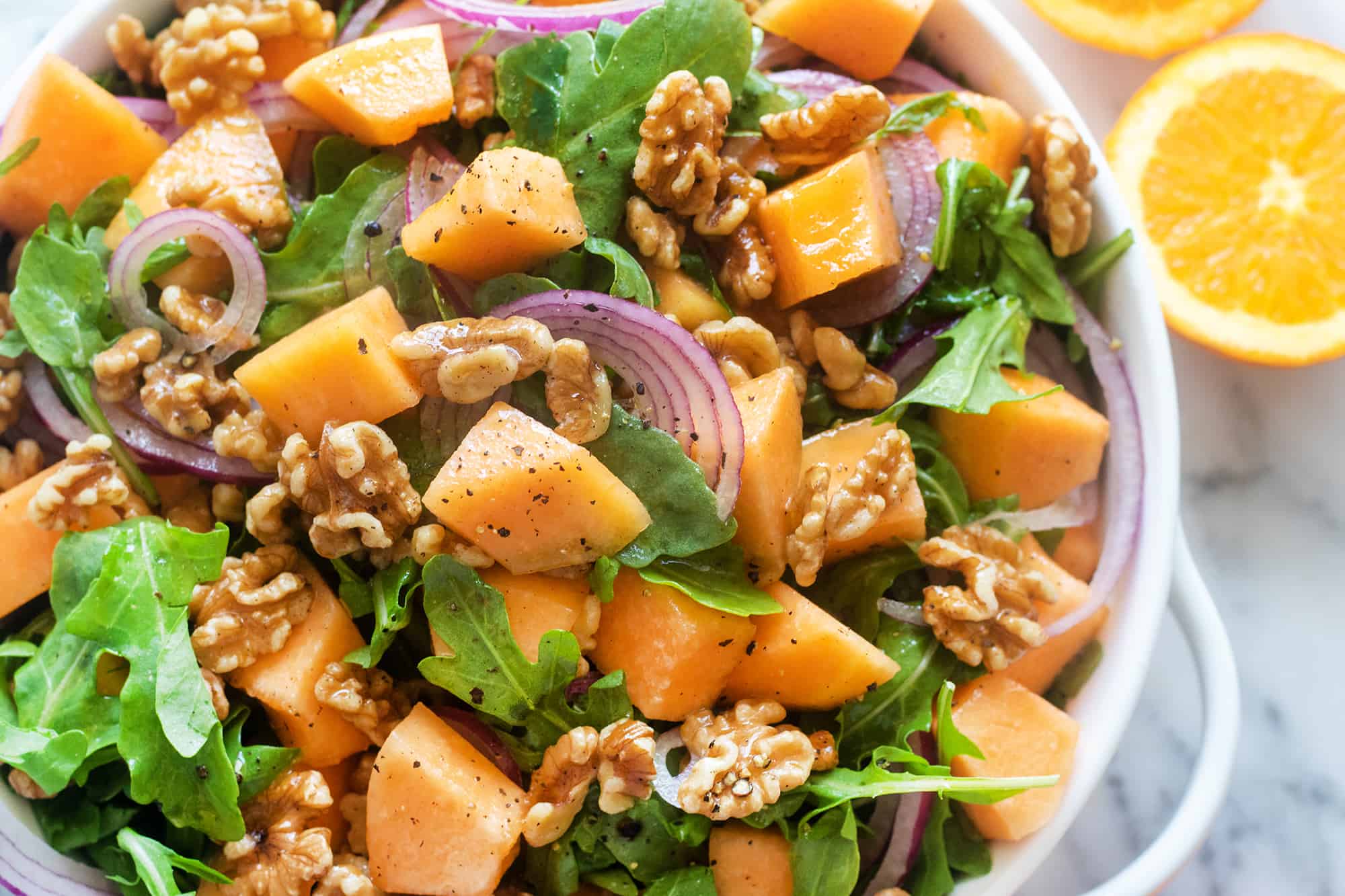 Cantaloupe, Red Onion & Walnut Salad, Credit: Elizabeth Newman