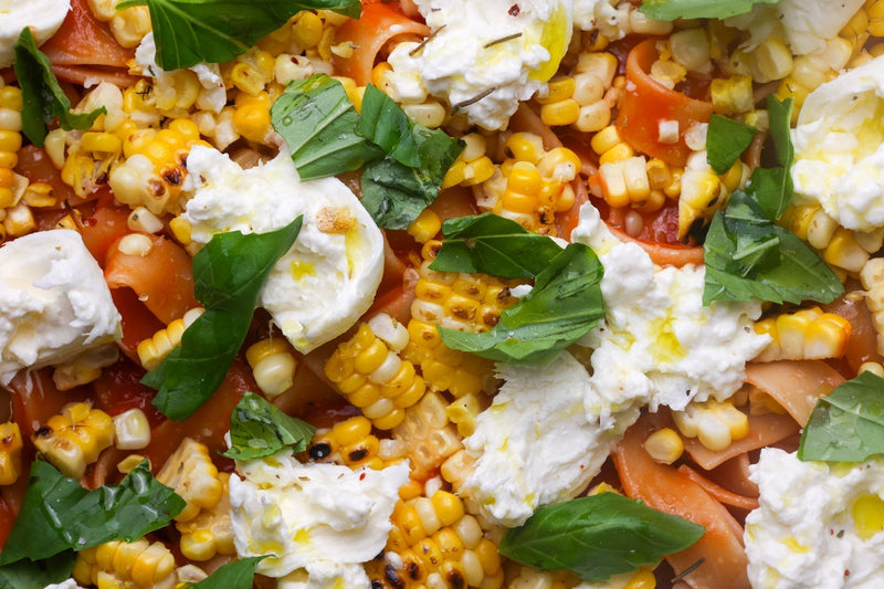Summer Corn & Tomato Pappardelle with Burrata
