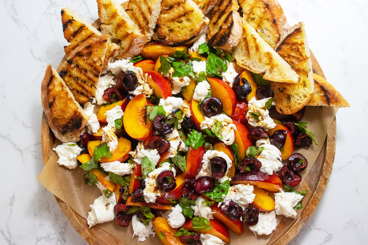 peach burrata cherry salad, image credit: Lizzy Newman